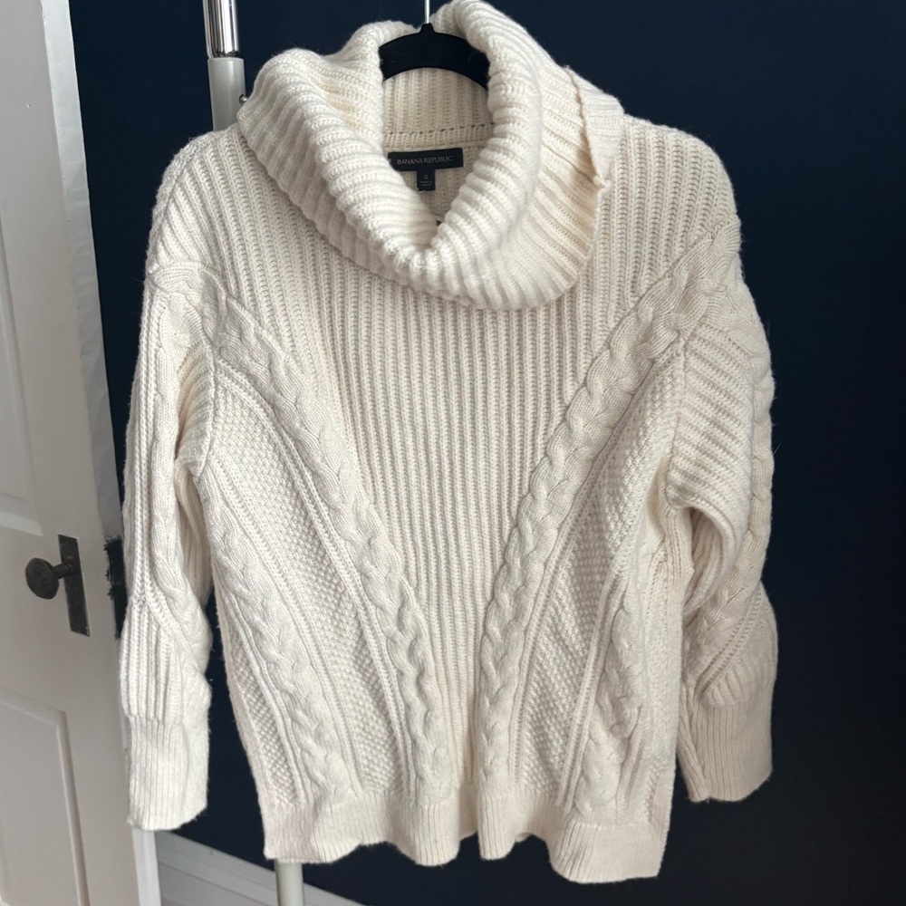 Cowl neck cable knit sweater